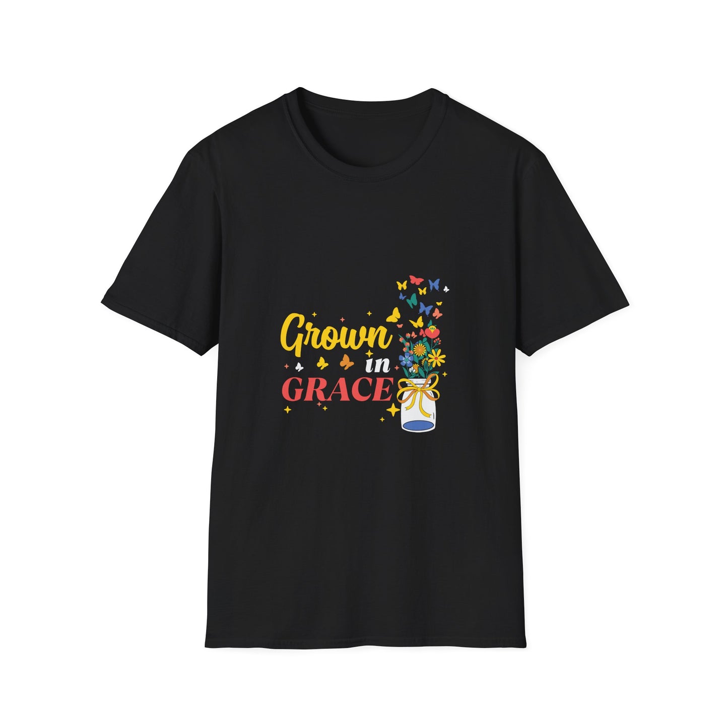 Grown in Grace Unisex Softstyle T-Shirt - Vibrant Floral Design - Christian Shirts and More