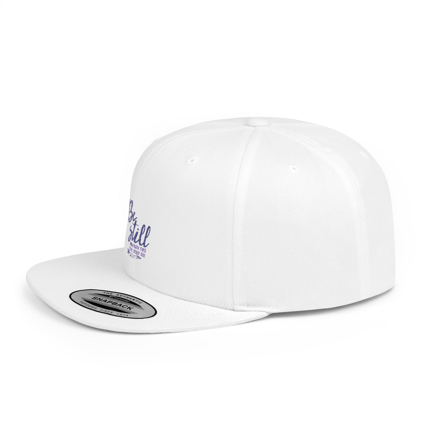 Inspirational White Flat Bill Snapback Cap - 'Be Still' - Christian Shirts and More