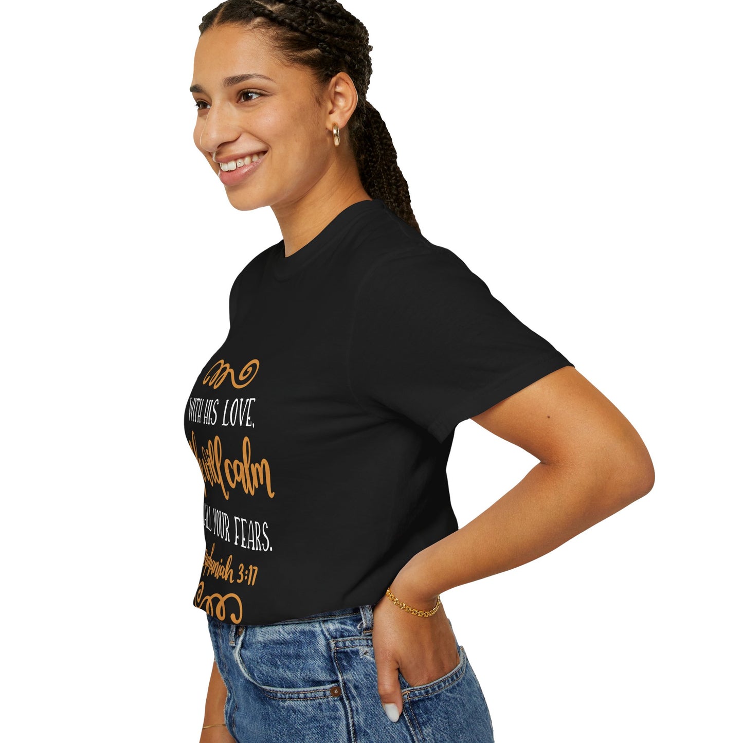 Inspirational Bible Verse T-Shirt - 'With His Love, He Will Calm All Your Fears' - Unisex Garment-Dyed