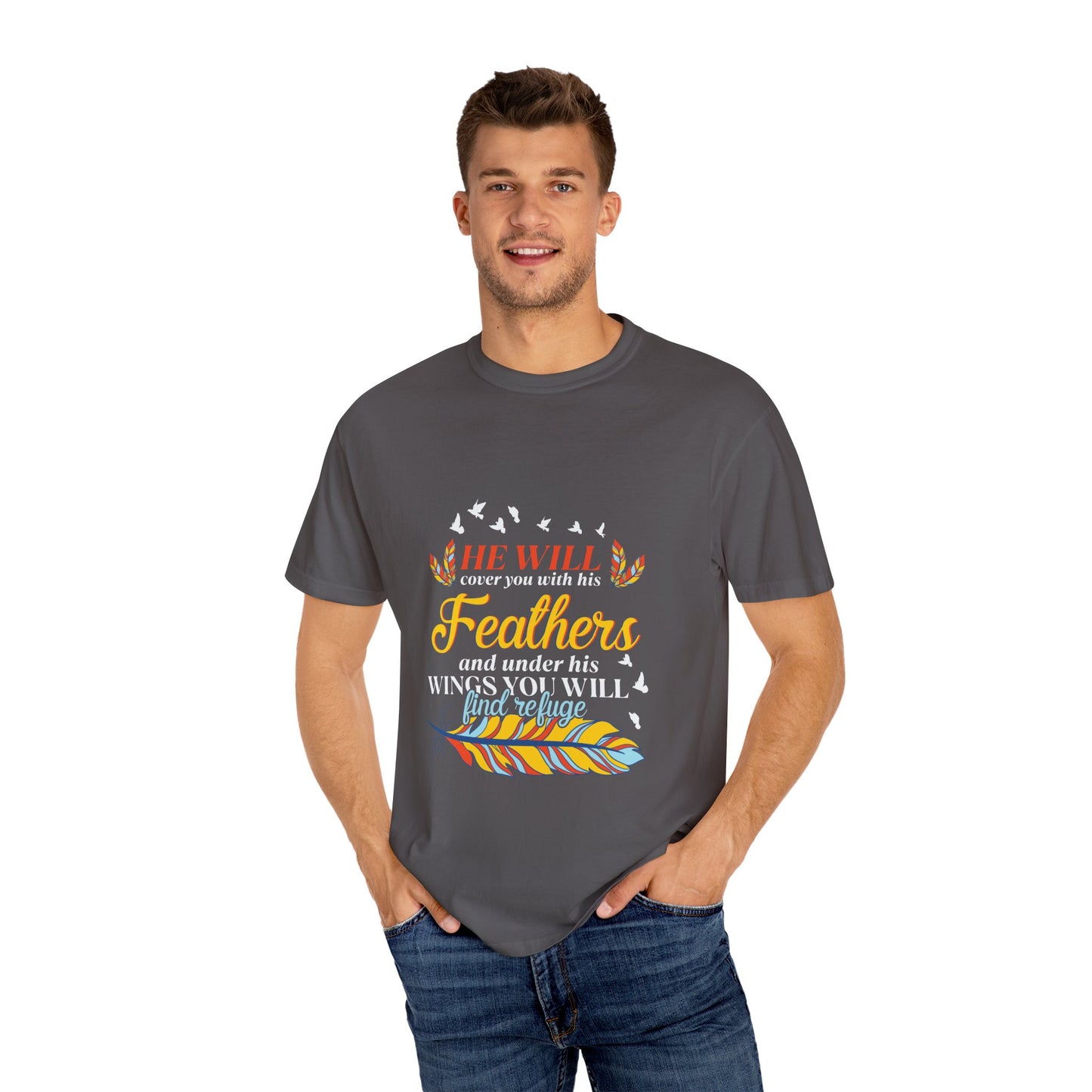 Inspirational Unisex Garment-Dyed T-Shirt with Feather Design - Christian Shirts and More