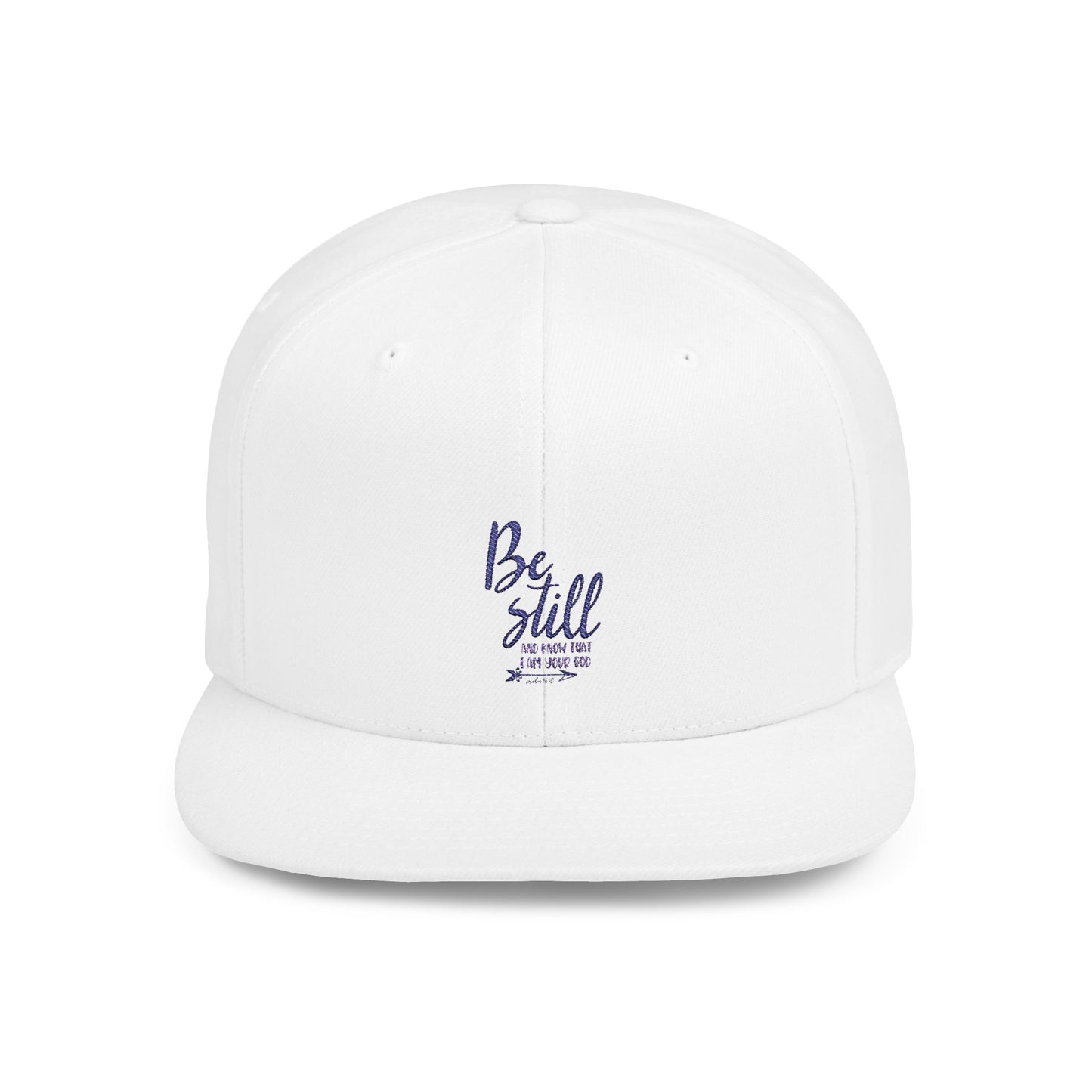 Inspirational White Flat Bill Snapback Cap - 'Be Still' - Christian Shirts and More