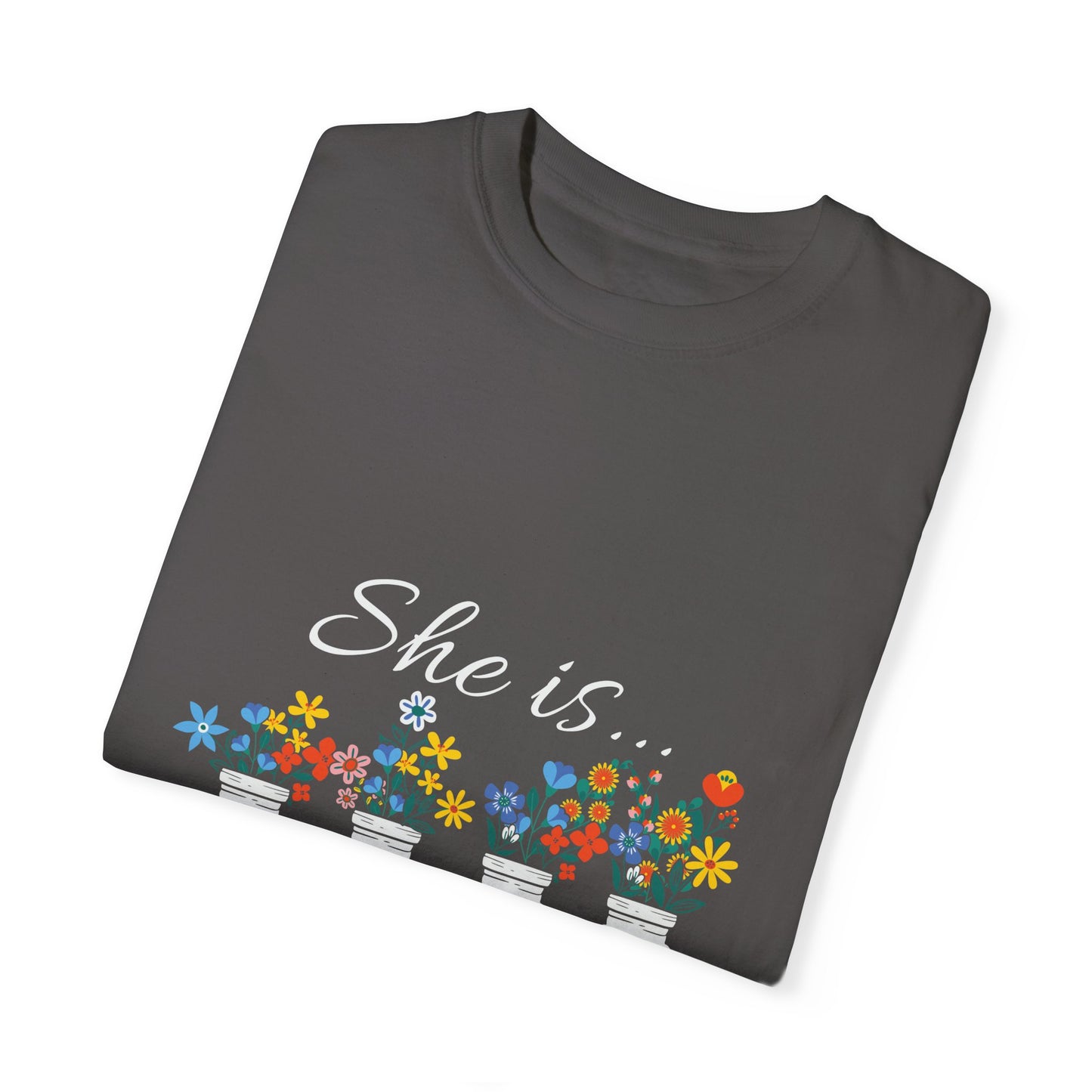 Empowerment Floral T-Shirt - "She is... Strong, Fierce, Brave, Loved" - Christian Shirts and More