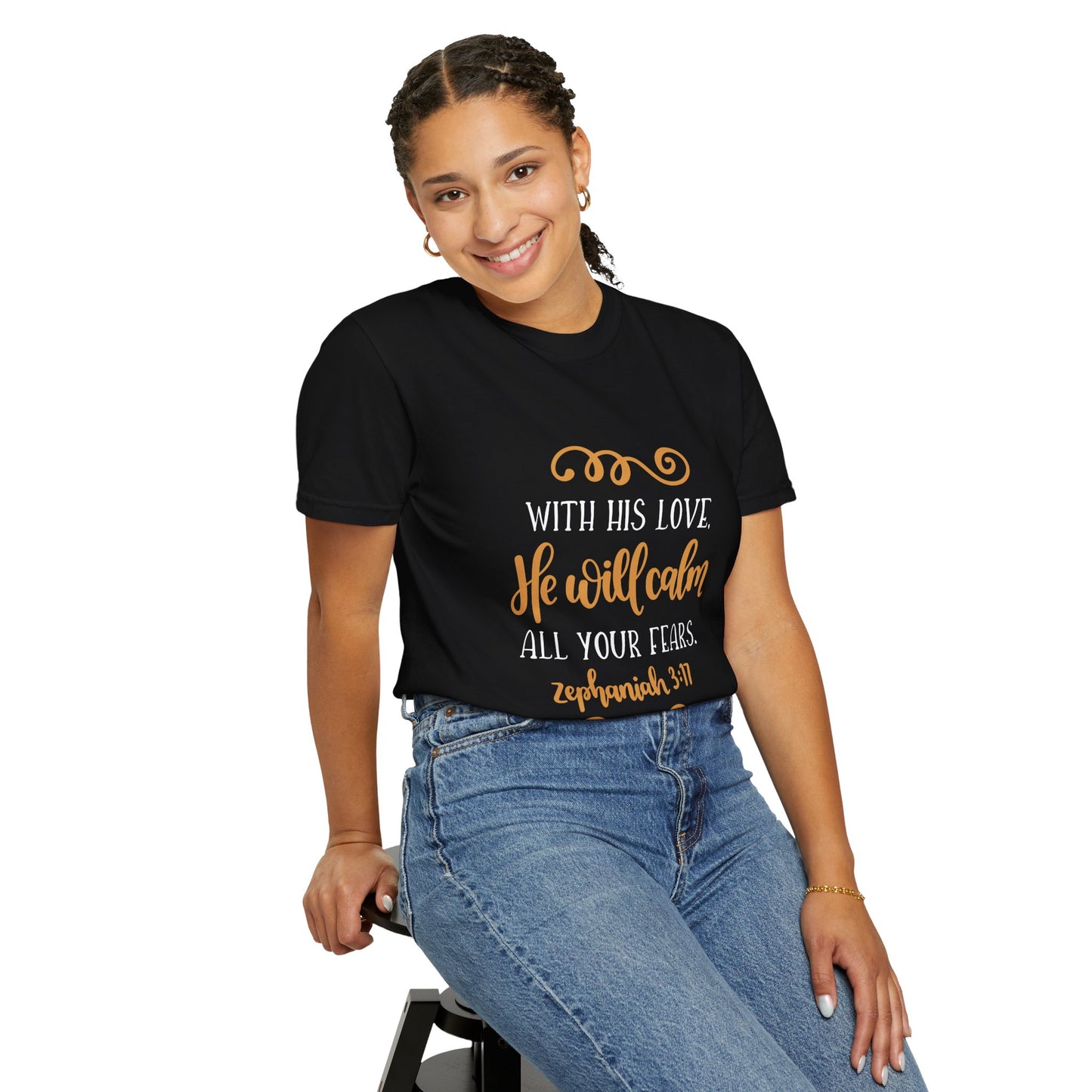 Inspirational Bible Verse T-Shirt - 'With His Love, He Will Calm All Your Fears' - Unisex Garment-Dyed
