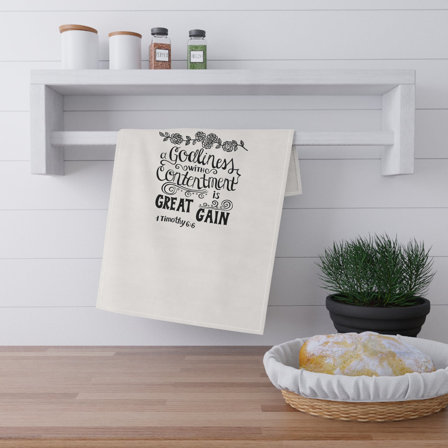 Inspirational Tea Towels with Scripture | 1 Timothy 6:6 | Great Gain