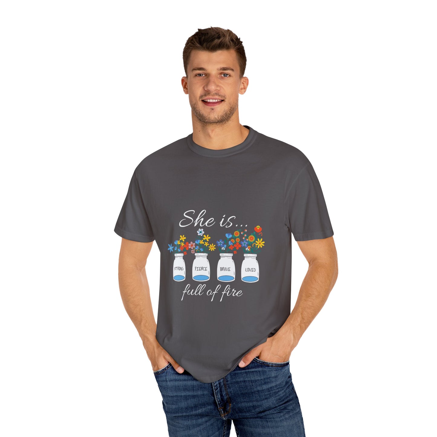 Empowerment Floral T-Shirt - "She is... Strong, Fierce, Brave, Loved" - Christian Shirts and More