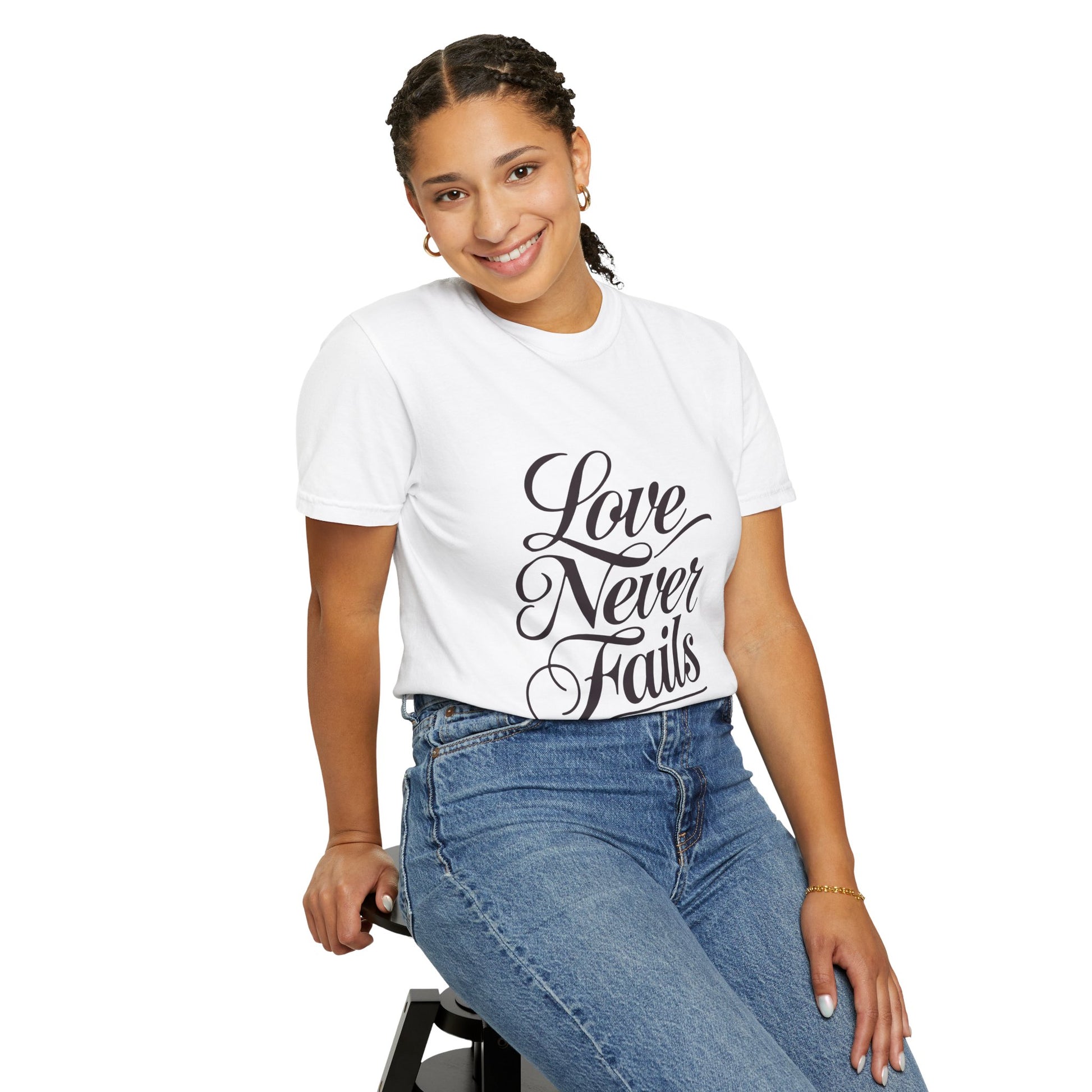 Inspirational Love Never Fails Unisex Garment-Dyed T-Shirt - 1 Corinthians 13:8 - Christian Shirts and More