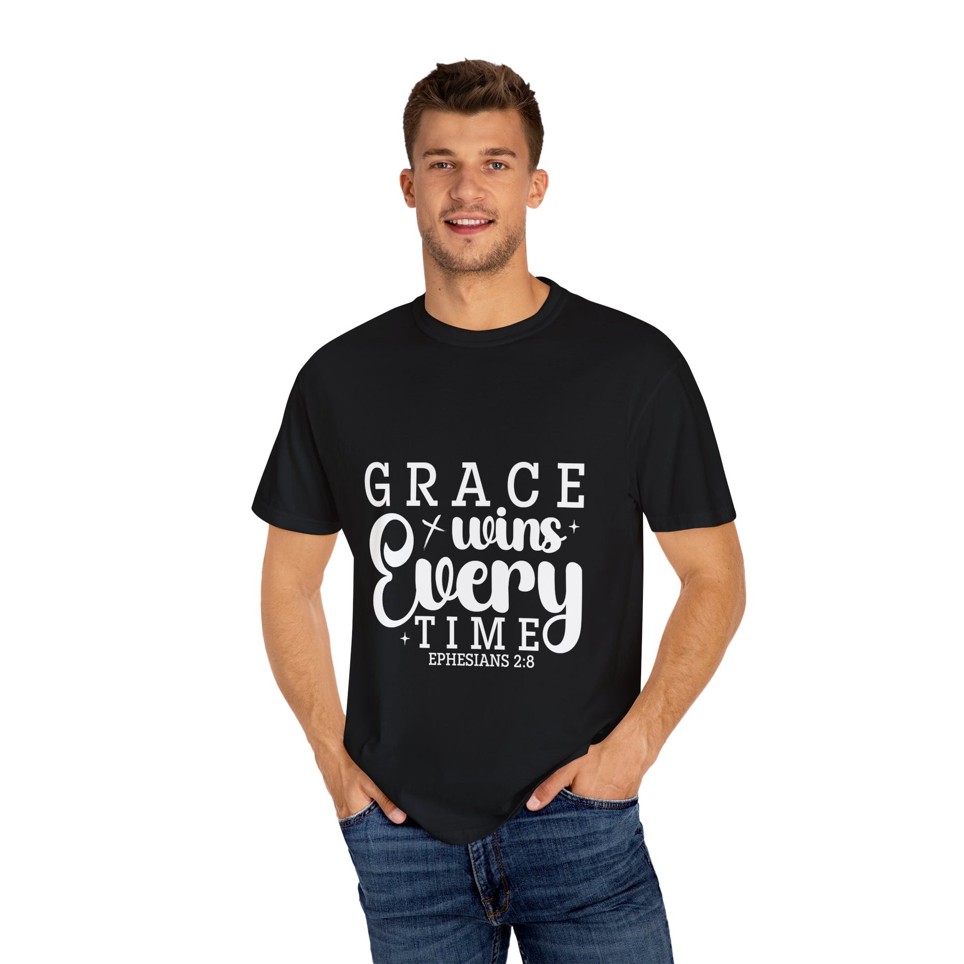 Inspirational Grace Wins T-Shirt - Unisex Garment-Dyed Tee - Christian Shirts and More