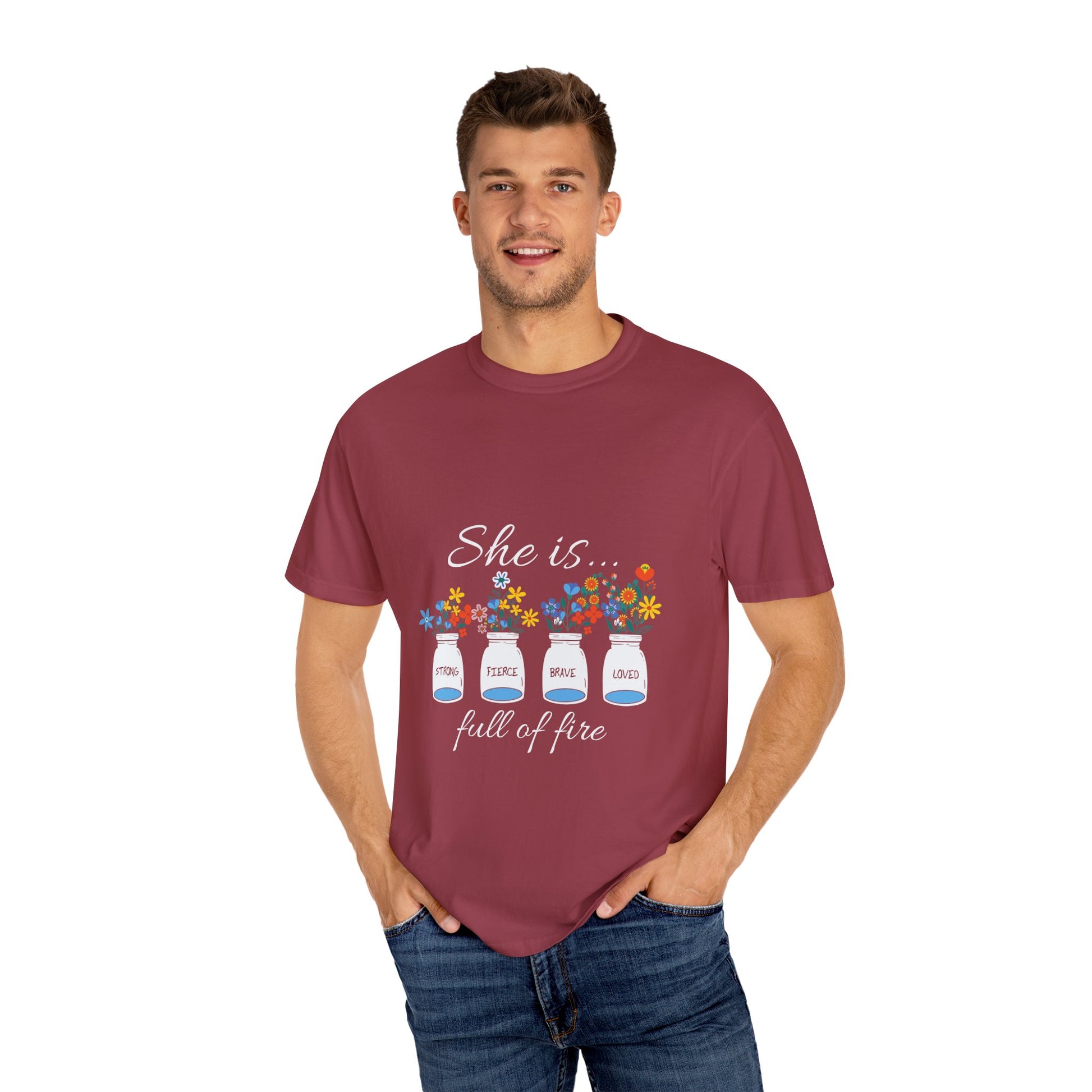 Empowerment Floral T-Shirt - "She is... Strong, Fierce, Brave, Loved" - Christian Shirts and More