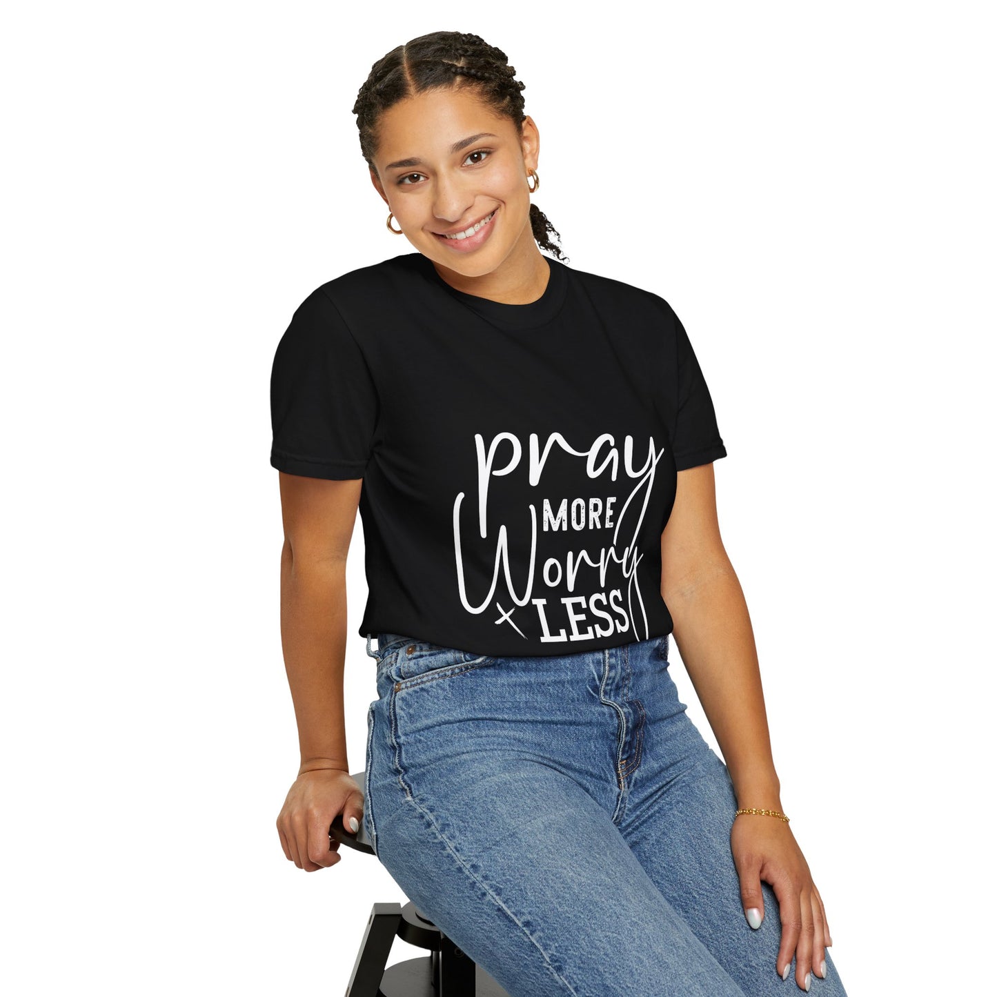 Inspirational Unisex Garment-Dyed T-Shirt - "Pray More, Worry Less"