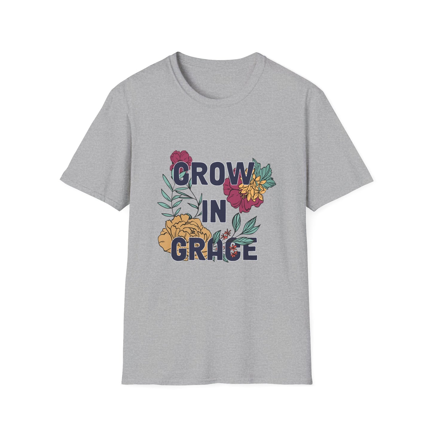 Grow in Grace Unisex Softstyle T-Shirt - Inspirational Floral Design - Christian Shirts and More
