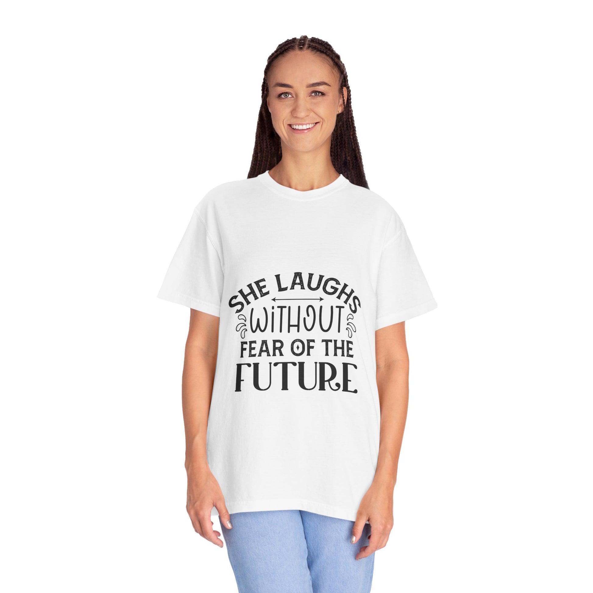 Inspirational Unisex Garment-Dyed T-Shirt - "She Laughs Without Fear of the Future" - Christian Shirts and More