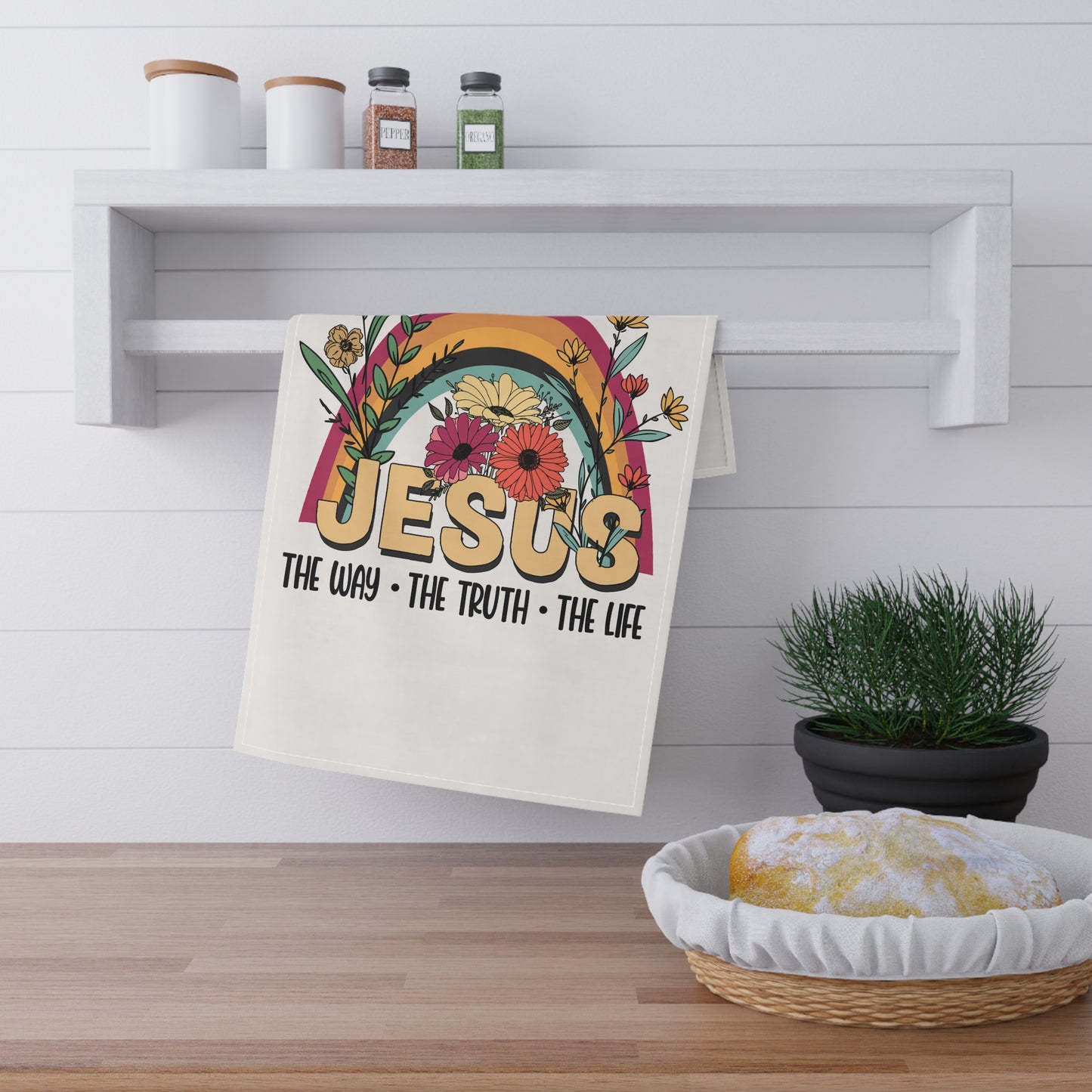 Inspirational Jesus Tea Towels - Cotton Poly Kitchen Decor with Floral Rainbow Design