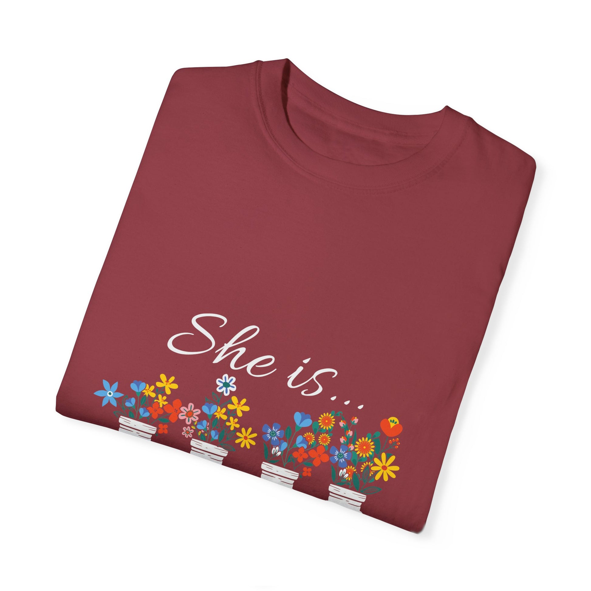 Empowerment Floral T-Shirt - "She is... Strong, Fierce, Brave, Loved" - Christian Shirts and More