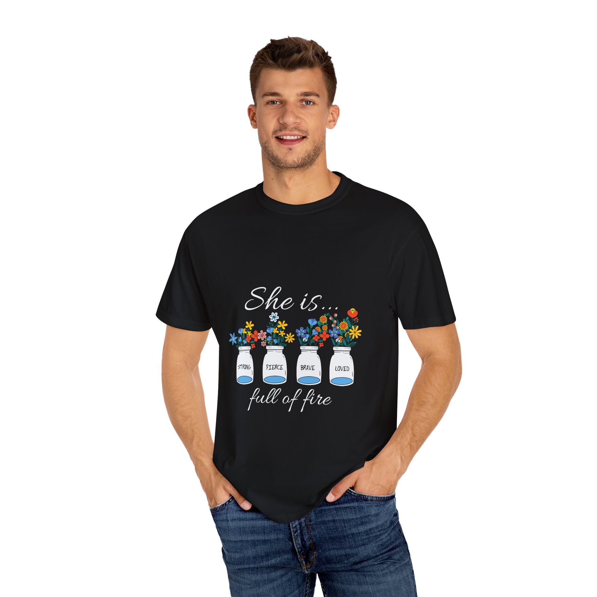 Empowerment Floral T-Shirt - "She is... Strong, Fierce, Brave, Loved" - Christian Shirts and More